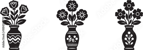 Three black floral vase with decorative patterns flowers