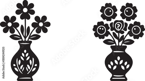 Two black vases with stylized flowers bouquet floral