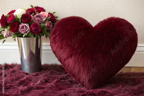 Romantic Home Decor, Valentine’s Day Interior Design Scene and Burgundy Heart Pillow with Roses on Cozy Rug