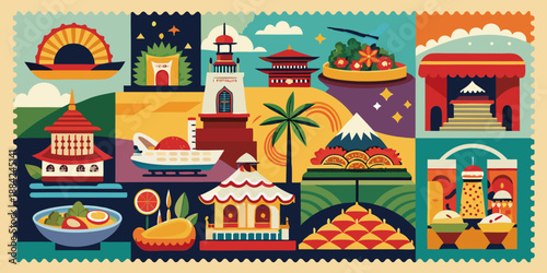 Creative vector illustration a set of colorful iconic Indonesian things stamps for creative design