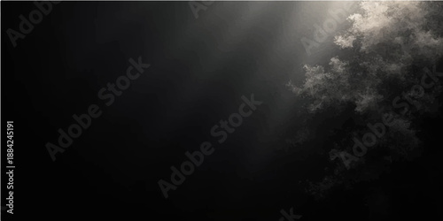 Dramatic black and white abstract background featuring a dark night sky with stormy clouds and bright moonlight piercing through a dense fog
