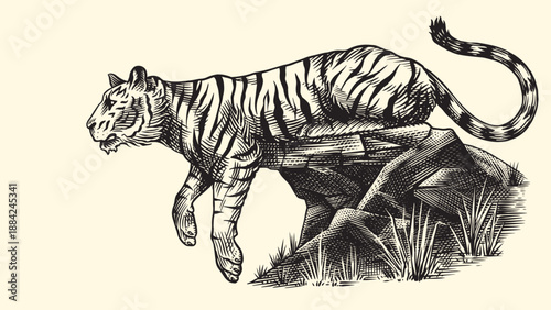 Tiger ready to jump Realistic black and white drawing in very detailed old engraving style. Pen and ink used design with traditional tools. 