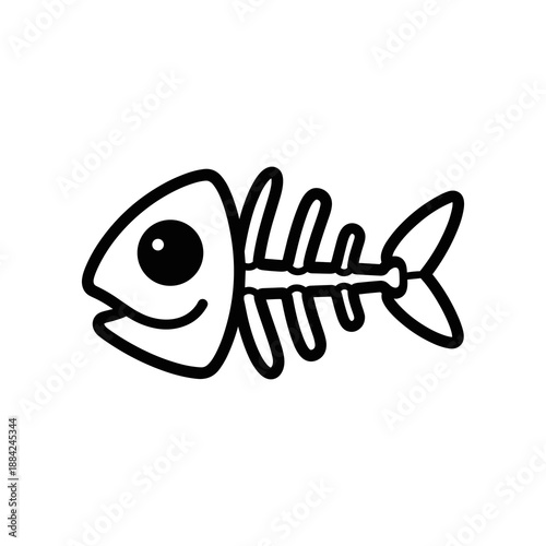 Cute Cartoon Fish Skeleton Outline Drawing on White Background.