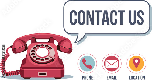 Vintage rotary telephone displays contact us message with phone, email, and location icons.