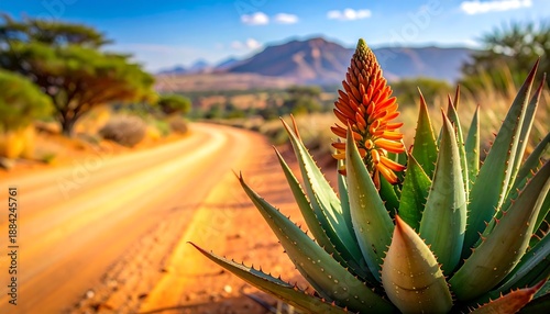Orange flower blooms on a spiky plant along a sandy road, distant mountains under a bright, sunny sky