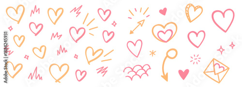 Hand drawn hearts and love symbols in pink and orange on white