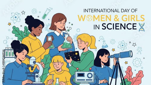 Diverse group of women and girls in science celebrating international day of women and girls in science with lab equipment and experiments