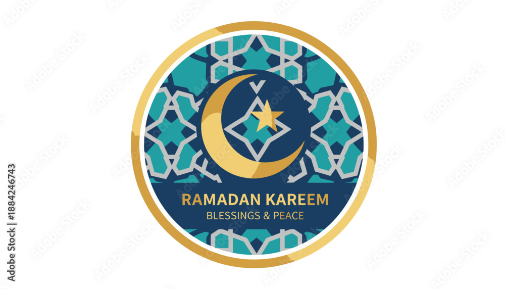Naklejka premium Ramadan Kareem emblem with crescent moon and star in Islamic geometric pattern on blue background for greeting card