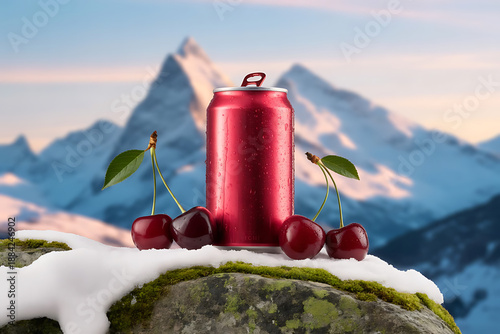 Red Soda Can with Cherries on Snow Covered Rock Against Mountain Landscape on natural background.