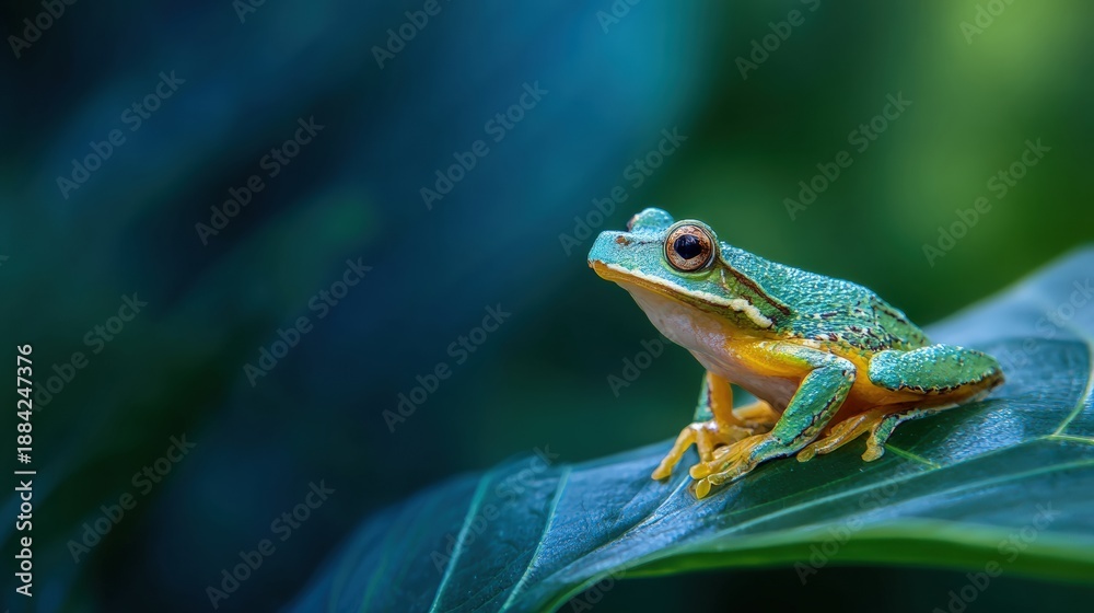 Obraz premium Vibrant Frog Perched on Leaf in Lush Rainforest Environment