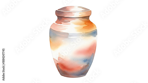 Watercolor painting of vase on black background with white and orange stripe.