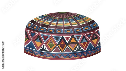 Colorful hat with pattern on it sides and the top hat has.