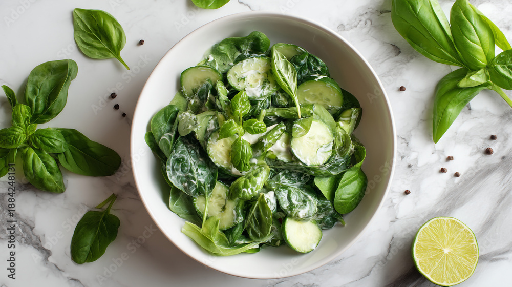 Obraz premium A fresh green salad with basil leaves and lime on a marble countertop background