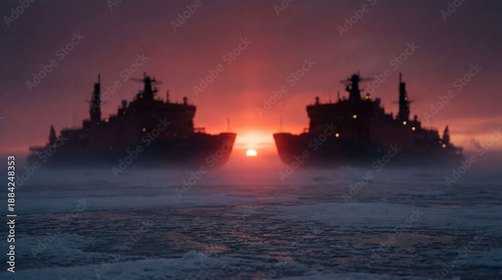 Fototapeta premium Silhouette of two large icebreakers meeting in the frozen arctic ocean during a red sunrise. Arctic naval standoff with icebreakers at sunset over sea ice, geopolitical tension and polar shipping rout