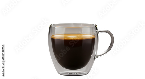 Coffee fills a clear, textured mug on a black background. Soft light emphasizes form for product photography.