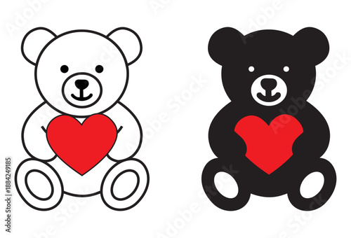 Icon for valentine, teddy bear illustration, outline and silhouette version