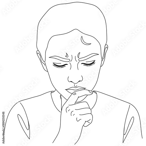 A woman with a puzzled expression contemplates thoughtfully with her finger on her lips.