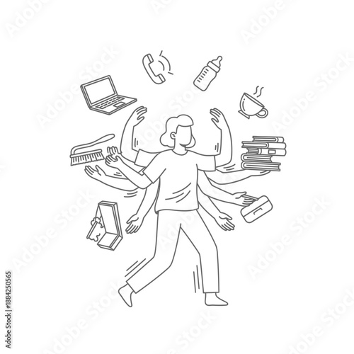 Multitasking person juggling multiple tasks and objects simultaneously in chaotic environment.