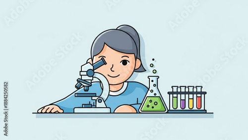 Smiling girl in lab coat using microscope with colorful test tubes and beaker on table science experiment