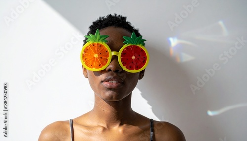Pop art photography of surreal women's portraits with fruit party glasses,   fruit-shaped glasses on a white background. 