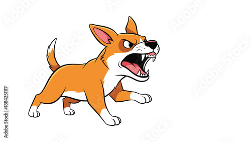 Angry cartoon corgi dog baring its sharp teeth and growling in a defensive posture, isolated on a clean white background for easy editing.