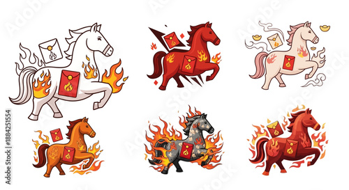 Six vibrant illustrations of stylized horses, each adorned with fiery elements and traditional red envelopes, symbolizing good fortune and prosperity in a cultural celebration.