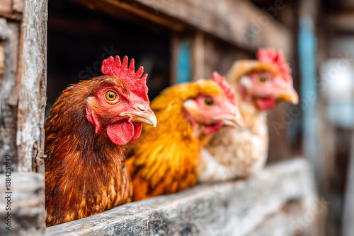 Hens looking out from their cozy chicken coop in the warm afternoon sun Generative AI