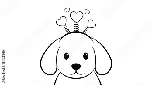 Simple black and white line art illustration of a cute puppy wearing a headband with bouncy heart shapes on its head, perfect for coloring books.