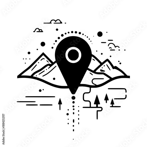 Exploring great outdoors: minimalistic map pointer leads nature's grandeur. | Clean, isolated vector art for creative projects.