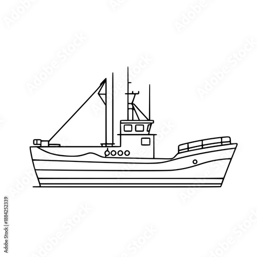 Maritime Line Art: Classic Dredger Boat | Clean, isolated vector art for creative projects.