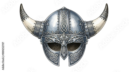 Viking helmet with horns and celtic pattern front helmet is shown in.
