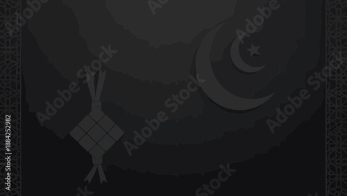 Elegant Black Ramadan Kareem Background with 3D Minimalist Ketupat and Crescent Moon