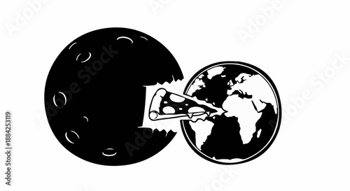 Moon devours planet Earth like a pizza slice, symbolizing cosmic hunger or consumption.