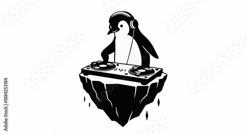 Playful penguin DJ spinning tunes on an icy island, bringing music to life