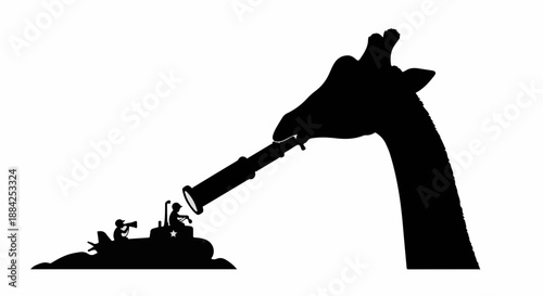 Giraffe's long neck offers a unique perspective for tiny explorers on a miniature vessel.