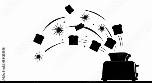 Toaster launching toast slices and sunbursts in a playful burst of energy.