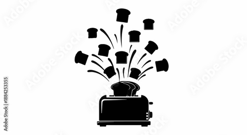Toaster launching slices of toast into the air like fireworks, symbolizing abundance and breakfast joy.