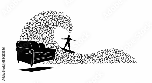 Surfer riding a wave made of countless small spheres, with a couch floating nearby.