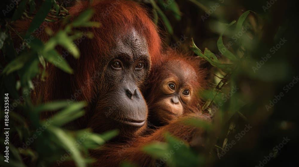 Fototapeta premium Mother and Baby Orangutan in Vibrant Jungle Canopy Embracing