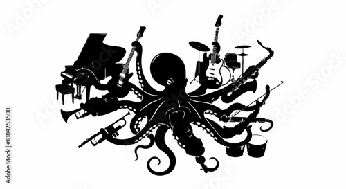 Octopus orchestrating a vibrant jazz band with musical instruments surrounding it.