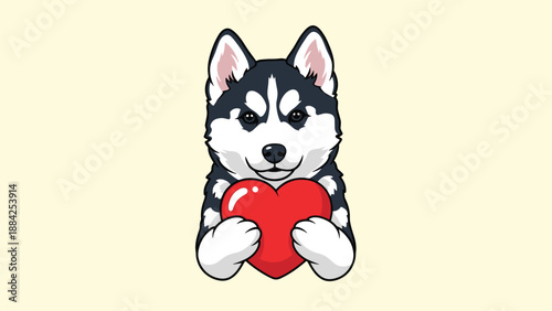 Adorable husky puppy with black and white fur holding a big bright red heart, perfect for Valentine's Day or expressing love and sweet affection.