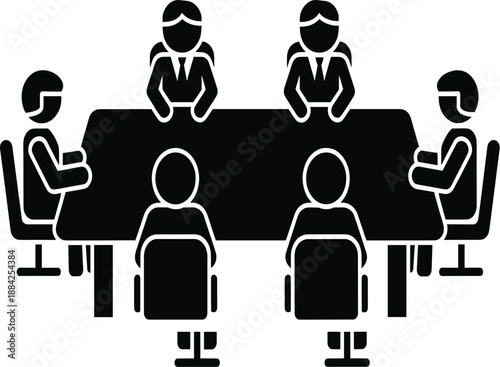 Business Meeting Silhouette Icon Featuring Six Professionals Seated Around a Conference Table for Corporate Collaboration and Teamwork Design Concepts