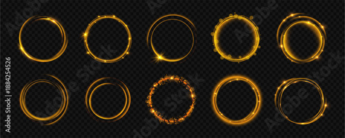 Elegant gold light ring with spiral motion and radiant shine. Sparkling particles add refined glamour. Isolated transparent PNG for high-end design elements.