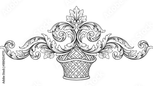 Highly detailed vintage floral ornament featuring intricate scrolls and acanthus leaves in a basket-like arrangement in a classic engraving style.