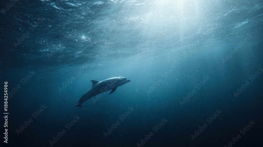 Fototapeta premium Lone Porpoise Swimming in the Vast Open Ocean Environment