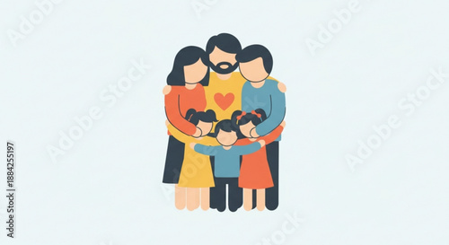 Loving multicultural family with children hugging together in a warm embrace on a plain background