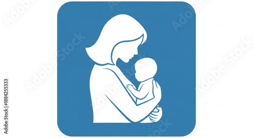 Mother holding baby close love and care nurturing parental affection blue background white silhouette symbol icon illustration