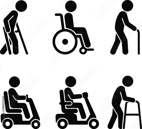 Icons depicting people with mobility challenges using assistive devices