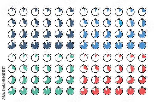 Collection of stopwatch icons showing time progression in various colors and stages of completion.