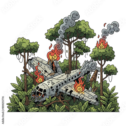 illustration of a plane that crashed and burned in the forest, isolated on a white background.